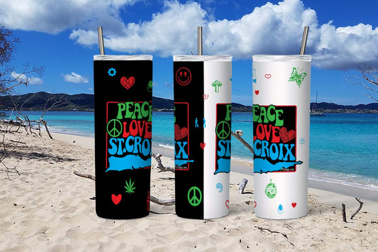 Peace Love St Croix with Icons - 20oz Skinny Tumbler. Croix