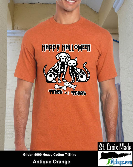 Dog and Cat Skeletons - Halloween - Gildan 5000 Heavy Cotton T-Shirt