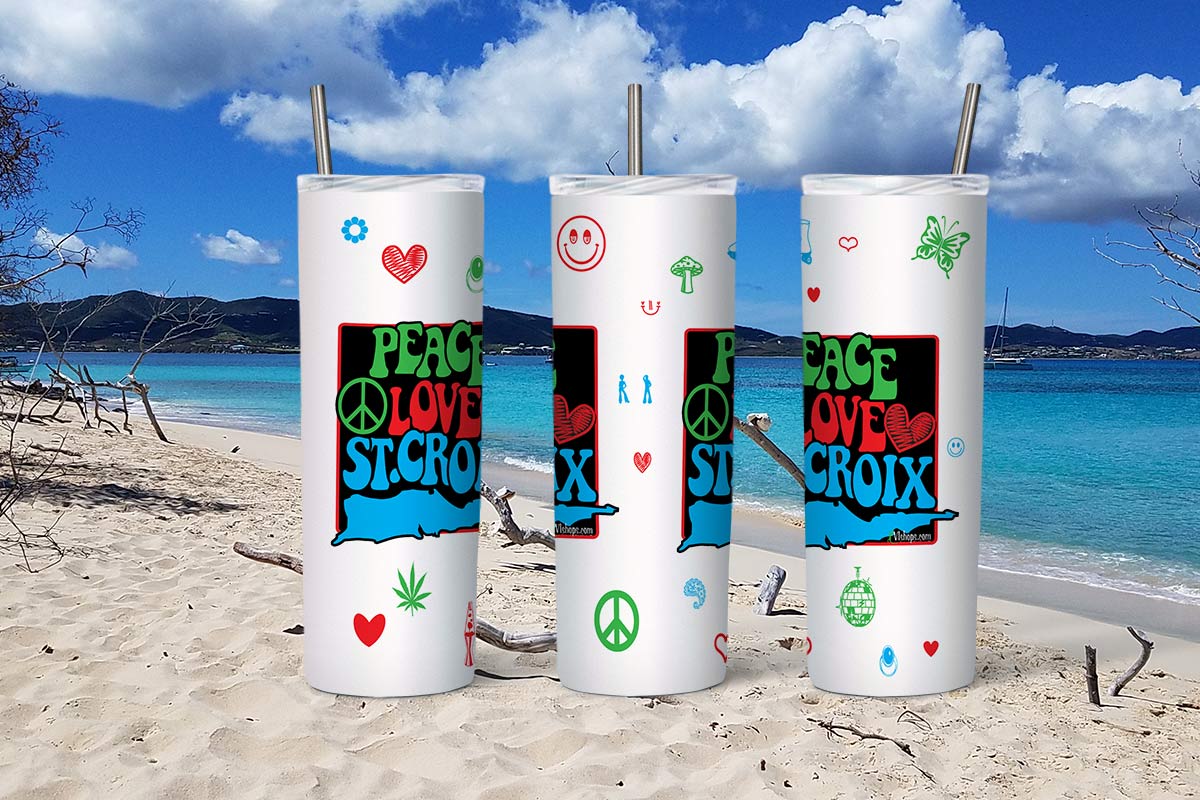 Peace Love St Croix with Icons - 20oz Skinny Tumbler. Croix