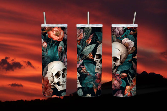 Skulls with Flowers - 20oz Skinny Tumbler