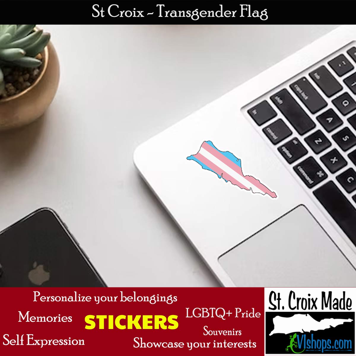 St. Croix United States Virgin Islands STX VI USVI - Transgender Flag - 3 or 5 inch Die Cut Vinyl Sticker