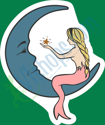 Mermaid on Moon - 3.25 x 3.9  Die Cut Sticker