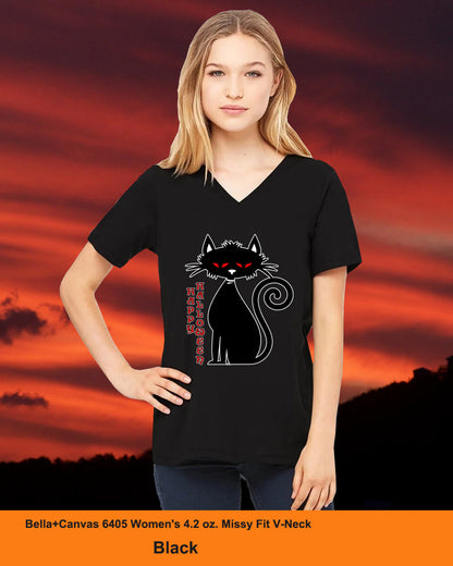 Black Cat - Halloween - Bella + Canvas 6405 Women's 4.2 oz. Missy Fit V-Neck