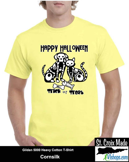 Dog and Cat Skeletons - Halloween - Gildan 5000 Heavy Cotton T-Shirt