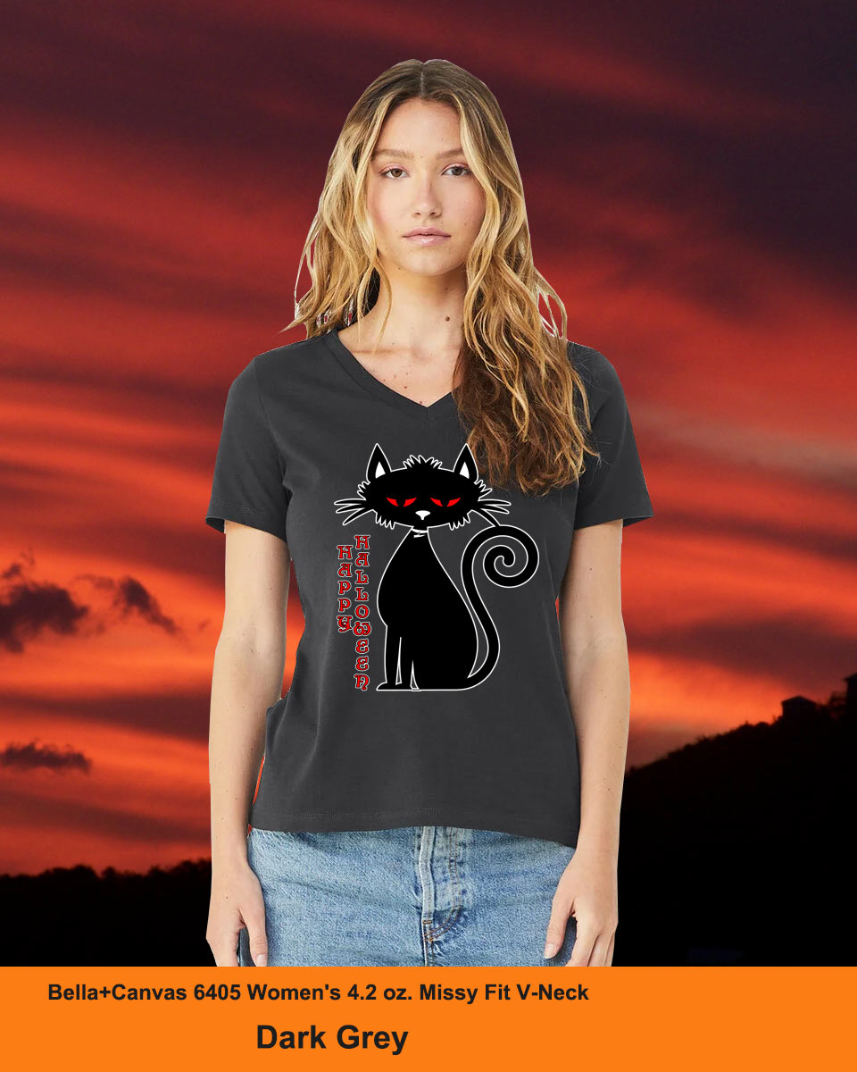 Black Cat - Halloween - Bella + Canvas 6405 Women's 4.2 oz. Missy Fit V-Neck