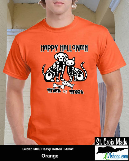 Dog and Cat Skeletons - Halloween - Gildan 5000 Heavy Cotton T-Shirt