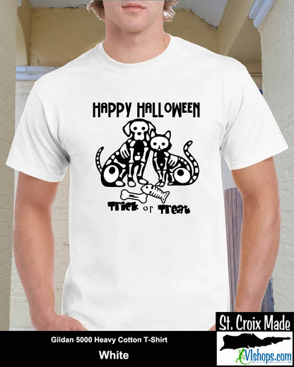 Dog and Cat Skeletons - Halloween - Gildan 5000 Heavy Cotton T-Shirt