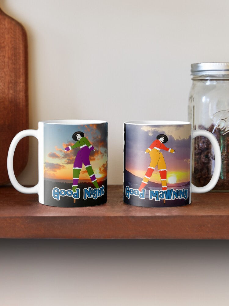 Good Mawning - Good Night - Moko Jumbie with sunrise and sunset - 11 oz mug