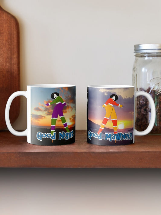 Good Mawning - Good Night - Moko Jumbie with sunrise and sunset - 11 oz mug